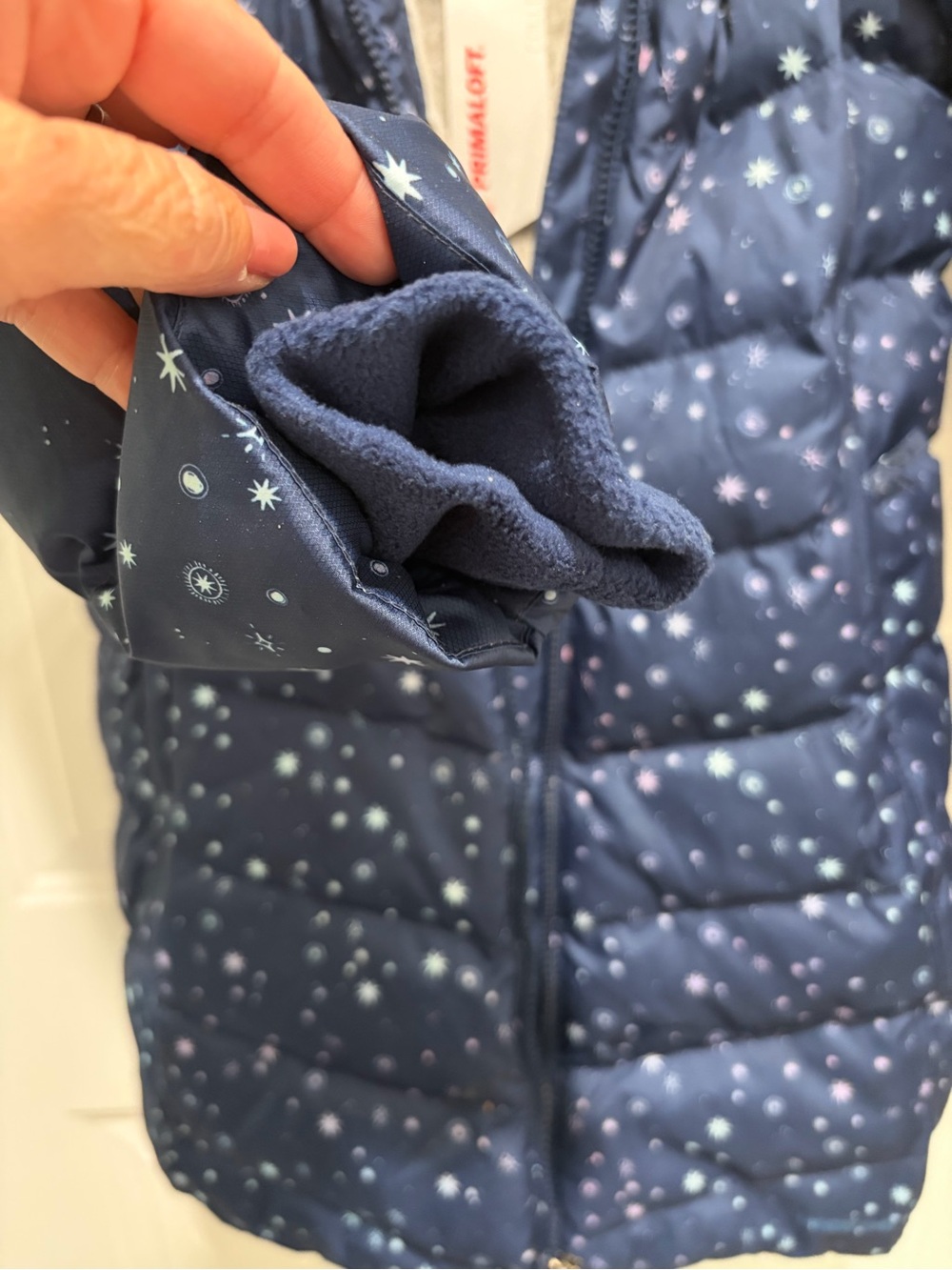 Lands' End Deep Sea Navy Galaxy Print Puffer Coat with Faux-Fur Trim, NWT, Large - Picture 6 of 9